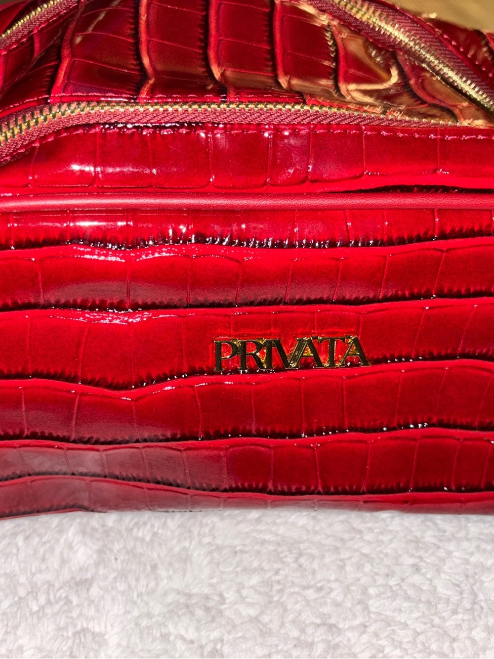 Privata Red Croc-Embossed Patent Cosmetic Case with Gold Logo